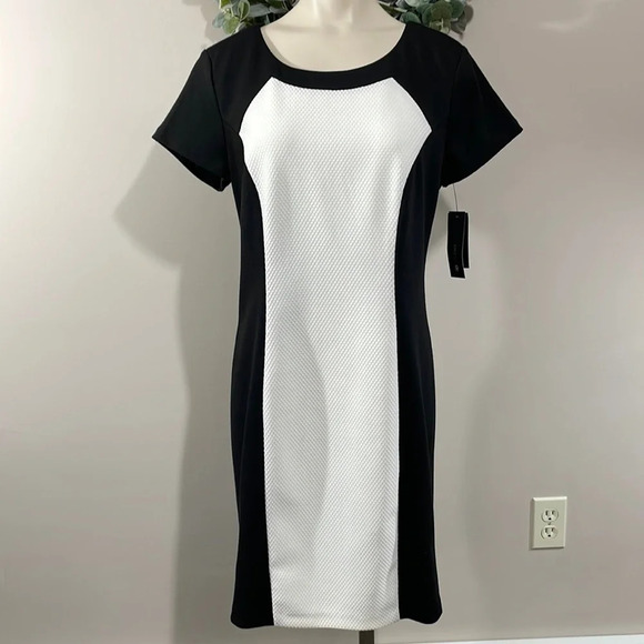 NWT AB Studio Stretch Sheath Dress Black White Block Party Dress 8 - Picture 1 of 16